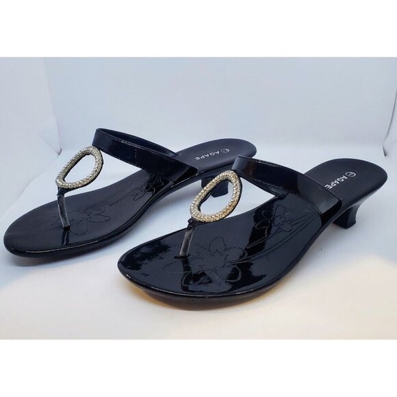 Vintage Agape Women's Patent Leather Sandals w/ Kitten Heels and Rhinestones 7 - Picture 2 of 8